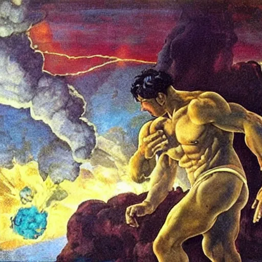 Prompt: Captain Planet getting murdered or poisoned by pollution, painting by Raphael, frank frazetta, michelangelo