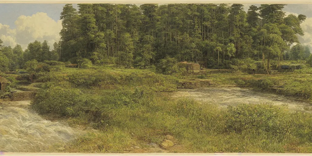 Image similar to clean and optimistic cooling tower, by a river and fields, ivan shishkin, studio ghibli