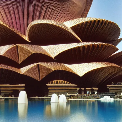 Image similar to futuristic lotus fractal temple with gold, red and white marble panels, in the desert, by buckminster fuller and syd mead, intricate contemporary architecture, photo journalism, photography, cinematic, national geographic photoshoot