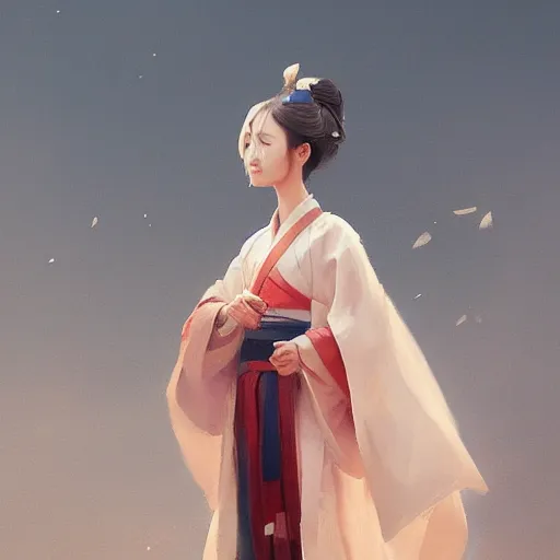 Image similar to oil painting girl wearing hanfu, herb rose, by greg rutkowski, artstation