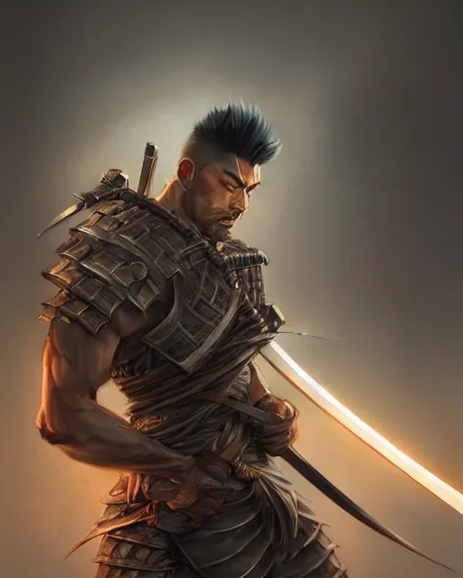 Image similar to face portrait of a handsome and ripped ronin, masculine features, short messy hair, wielding a katana, wearing a haori, by wlop and peter mohrbacher, dramatic action pose, extremely detailed shading, concept art, digital painting, trending on artstation, unreal engine 5, octane render, atmosphere, glow, cinematic lighting, full of color