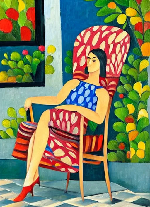 Prompt: figurative oil painting of a woman relaxing in a chair in her garden, art by didier lourenco, spanish modernism style, patterned background, balanced and aesthetically pleasing colors