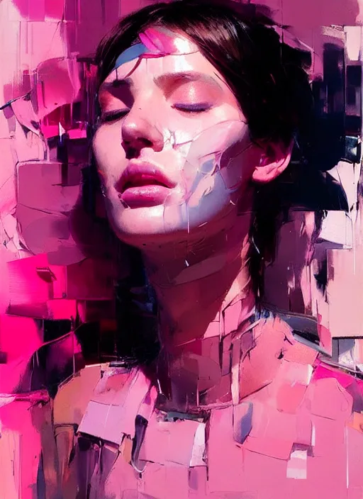 Prompt: portrait of a beautiful girl, eyes closed, shades of pink, beautiful face, rule of thirds, intricate outfit, spotlight, by greg rutkowski, by jeremy mann, by francoise nielly, digital painting