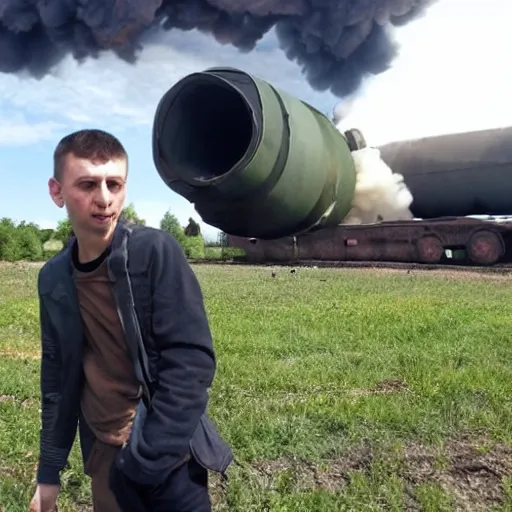 Image similar to selfie, funny intimidated ukrainian against the background of a fallen huge nuclear missile in his yard