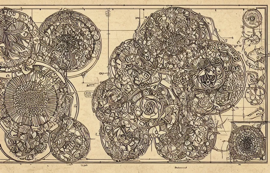 Image similar to realistic detailed schematic layout of a flower, blueprint style, technical diagram, intricate detail, fantasy art, art nouveau, victorian, neo - gothic, gothic, story concept design