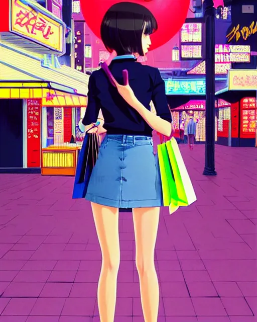 Prompt: cute girl wearing high heel with shopping bags, neon street. | very very anime!!!, fine - face, audrey plaza, realistic shaded perfect face, fine details. anime. very strong realistic shaded lighting poster by ilya kuvshinov katsuhiro otomo ghost, magali villeneuve, artgerm, jeremy lipkin and michael garmash and rob rey