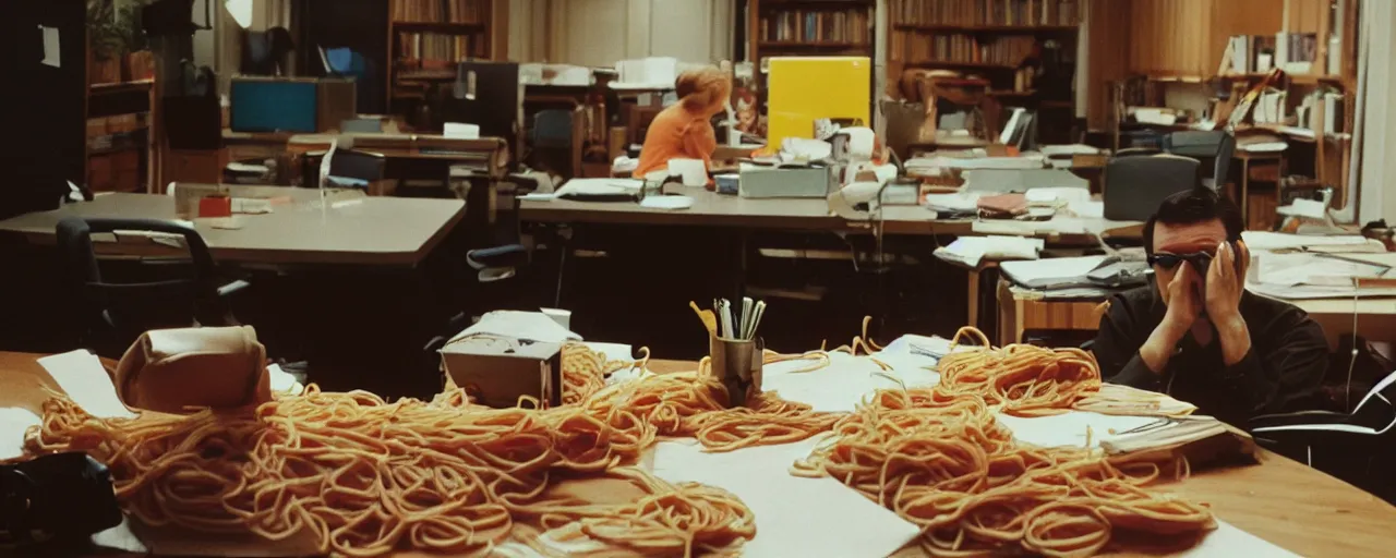 Image similar to security cam footage of someone with their head on spaghetti at their desk, at work, kodachrome, in the style of wes anderson, retro