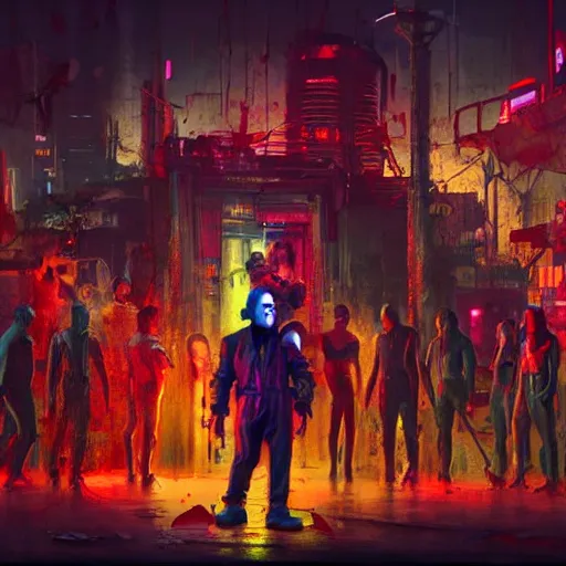 Image similar to a group of people standing around a giant bloody wounded mickey mouse, cyberpunk art by david lachapelle, cgsociety, sots art, dystopian art, reimagined by industrial light and magic, dark concept art