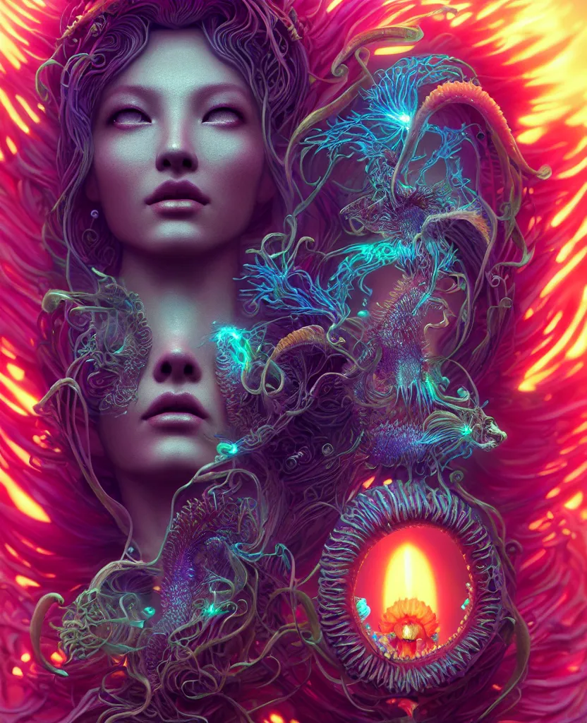 Image similar to goddess close-up portrait. chimera orchid jellyfish phoenix head, nautilus, skull, betta fish, bioluminiscent creatures, intricate artwork by Tooth Wu and wlop and beeple. octane render, trending on artstation, greg rutkowski very coherent symmetrical artwork. cinematic, hyper realism, high detail, octane render, 8k