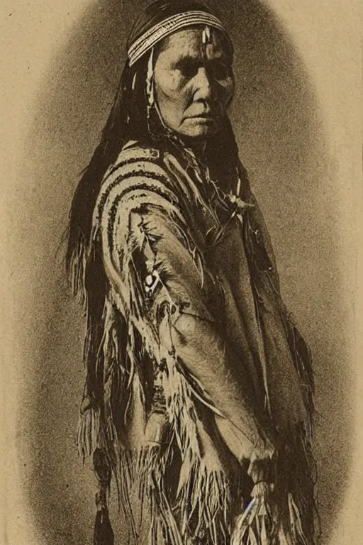 Image similar to “19th century wood engraving of a Native American indian woman, portrait, Nanye-hi Beloved Woman of the Cherokee, wearing a papoose showing pain and sadness on her face, ancient”