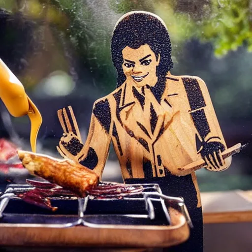 Prompt: a wooden sculpture of michael jackson cooking a bbq