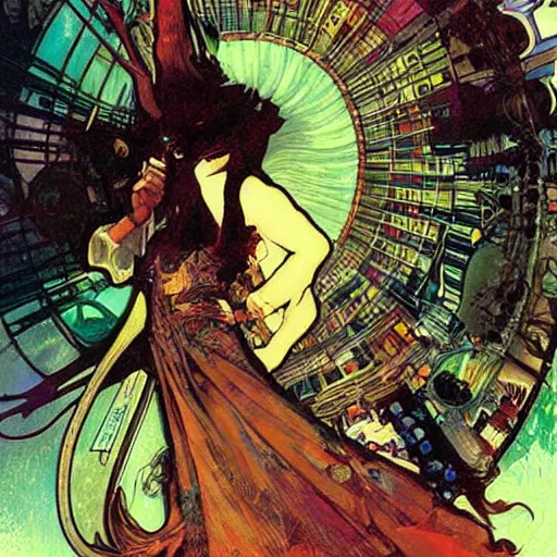 Image similar to cyberpunk dreaming by dave mckean and alphonse mucha and bill sienkiewicz