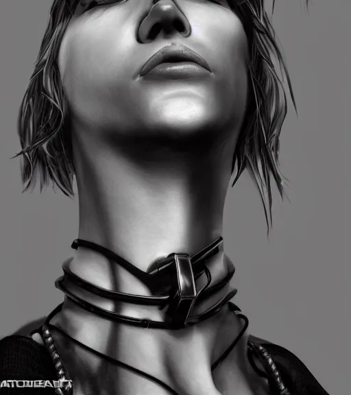 Prompt: detailed realistic female character cyberpunk wearing thick tight collar around neck, realistic, art, beautiful, 4K, collar, choker, collar around neck, punk, artstation, detailed, female, woman, choker, cyberpunk, neon, punk, collar, choker, collar around neck, thick collar, tight around neck, punk,