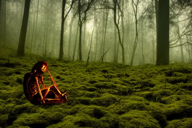 Image similar to a burning with fire human skeleton sitting behind computer, overgrown with moss, in foggy forest, at night with moon light, dark atmosphere, dark fantasy, highly detailed