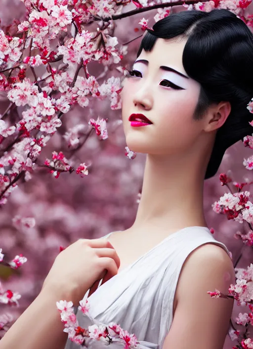 Prompt: Beautiful Japanese geisha portrait upper body shot, 1920s geisha, young woman, in color, half body photo, traditional geisha clothing, geisha makeup, geisha hairstyle, hyper realistic, 8k, trending, professional photography, cherry blossom background