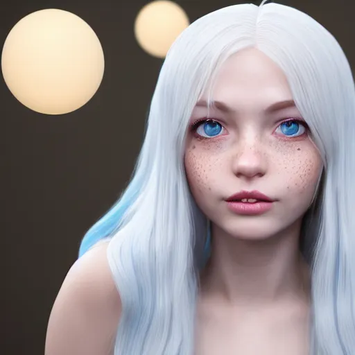 Prompt: Render of Lily, a cute 3d young woman, long white hair, full round face, light blue eyes, bisque skin tone, cute freckles, light red blush, smiling softly,wearing casual clothing, interior lighting, cozy living room background, medium shot, mid-shot, hyperdetailed, trending on Artstation, Unreal Engine 4k