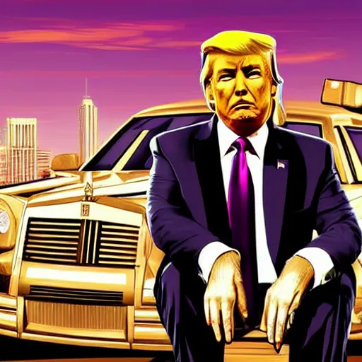 Image similar to portrait of donald trump sitting on a roll's royce, gta 5 artwork, gold chain necklace, very detailed face, purple suit