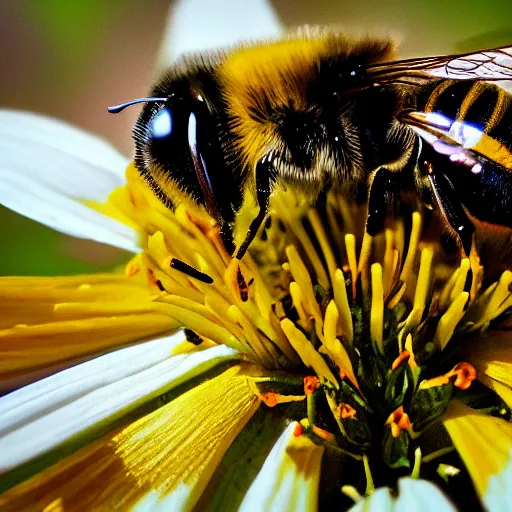 Prompt: an extreme close - up portrait of a bee on a flower, photographic filter, unreal engine 5, realistic, hyperdetailed, 8 k, cinematic, volumetric lighting, very realistic effect, hd, hdr, 4 k, sharp focus, octane render, ultra detailed, high resolution, trending on artstation in the style of albert dros glowing rich colors powerful imagery