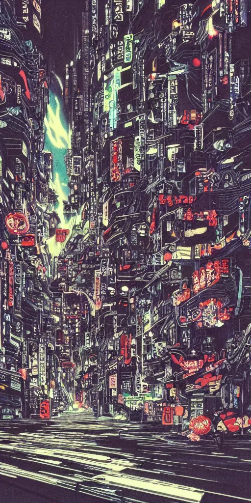 Image similar to beautiful and detailed anime drawing of an AKIRA-like cyberpunk city landscape with light trail from a motorcycle at the bottom and a bridge silhouette at the top, japan at night, 1980s, by Katsuhiro Otomo and mamoru oshii, wide angle, worm\'s eye view, grand, clean, colorful