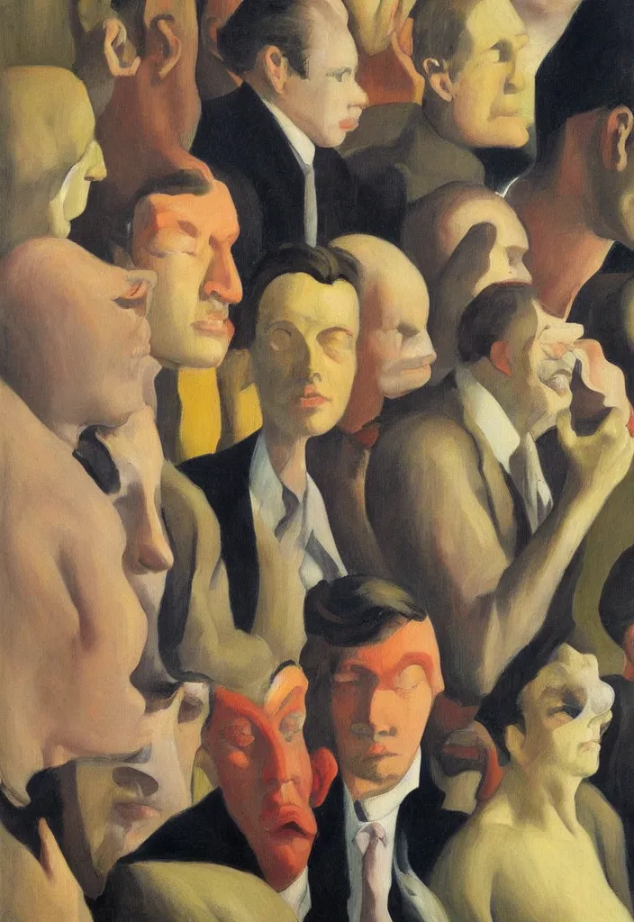 Prompt: small group of people, men and women, close - up of the faces, anatomically and proportionally correct : : surrealist oil painting by edward hopper, malcolm liepke, francis bacon and rene magritte, detailed