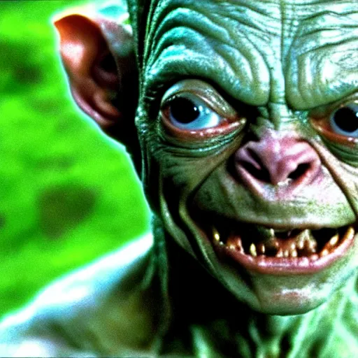 Prompt: jim carrey as gollum from lord of the rings. movie still. cinematic lighting.