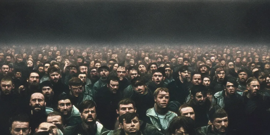 Image similar to detailed medium format photo, polaroid still from tarkovsky movie, group of english football hooligans, haze, high production value, intricate details, 8 k resolution, hyperrealistic, hdr, photorealistic, high definition, tehnicolor, award - winning photography, masterpiece, amazing colors