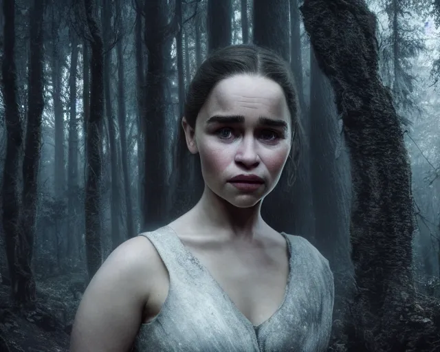 Prompt: 5 5 mm portrait photo of emilia clarke with a long face scar across her left cheek, in a magical forest. dark atmosphere. art by greg rutkowski. highly detailed 8 k. intricate. lifelike. soft light. nikon d 8 5 0.