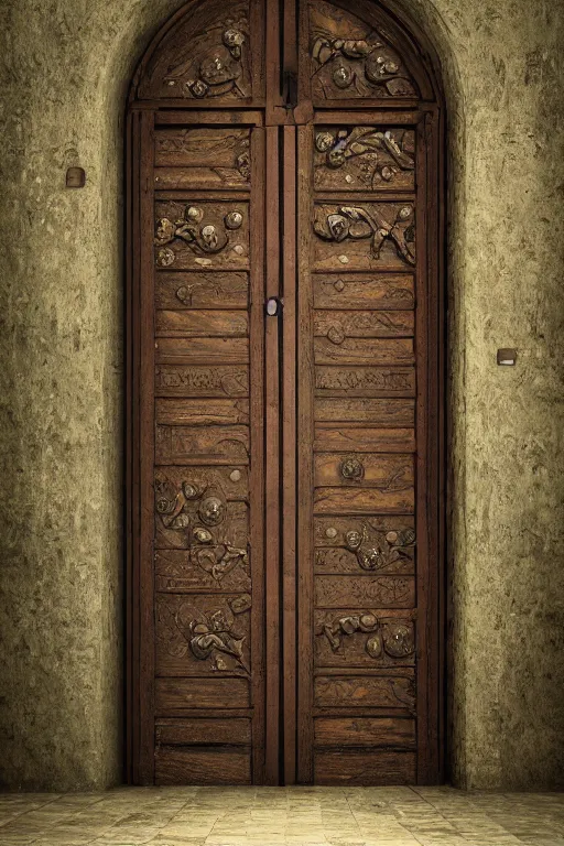 Prompt: a huge old weathered dark wooden door made with bright metallic rush plant ornaments, ornate, fantasy, photorealistic, octane render, volumetric light, high definition, ultra detailed, trandind on artstation, midjourney