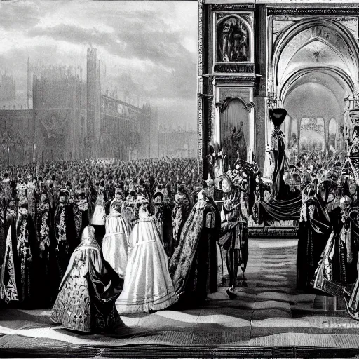 Image similar to Black and White photo of a Royal Procession, the Queen holding hands with the Devil, 4k, highly detailed, 1852