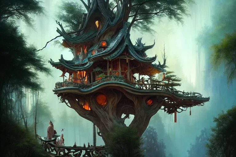 Image similar to treehouse from gaudi in a deep mystical forest , floating chinese lampoons, lake, waterfall, tall people walking and discussing, dynamic lighting, art by peter mohrbacher on artstation, mix with rivendell architecture, night mood