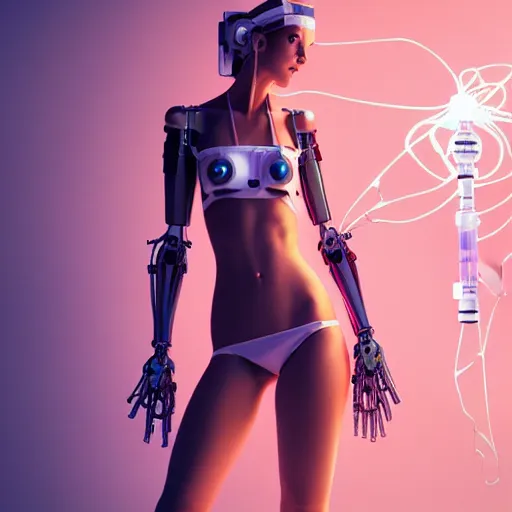 Image similar to cute nurse girl wearing bikini nurse armor holding a digital syringe, a virus nebula, biomechanical limbs, flesh torso, cyberpunk, photorealistic, 3 d render, daz 3 d, alphonse mucha and moebius and artgerm and greg rutkowski and hajime soriyama, ultra detailed, hyper realistic, octane render, trending on artstation