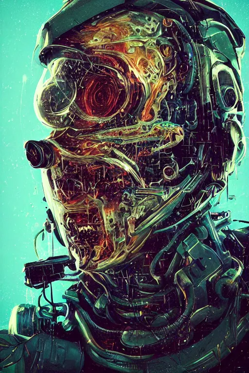 Prompt: portrait of a mutant beast, diseased. intricate abstract. cyberpunk, vhs glitch. full face broken helmet. intricate artwork. nightmare fuel. terrifying. empty oxygen tank. by Tooth Wu, wlop, Antoine Collignon, dan mumford. octane render, CGSociety, dan witz very coherent symmetrical artwork. cinematic, hyper realism, high detail, octane render, 8k, iridescent accents, black and white