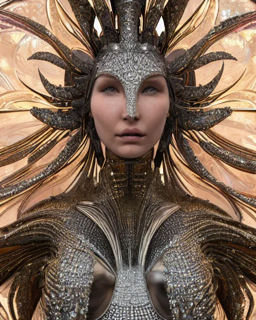 Prompt: a highly detailed metahuman 4 k close up render of an alien goddess bella hadid monument in iris van herpen dress armor schiaparelli in diamonds crystals swarovski and jewelry iridescent in style of alphonse mucha gustav klimt trending on artstation made in unreal engine 4