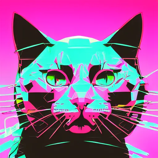 Prompt: high quality photo of cat, digital art, polygonal art, cyberpunk, synthwave