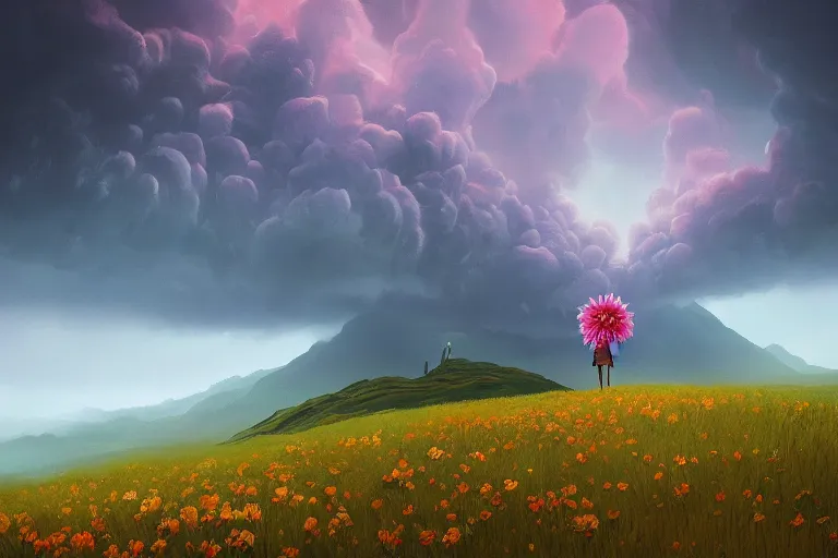 Image similar to giant dahlia flower as a head, girl walking on mountain, surreal photography, stars, dramatic light, impressionist painting, storm clouds, digital painting, artstation, simon stalenhag