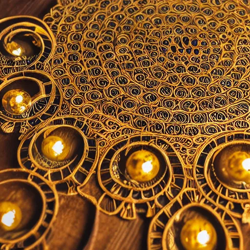 Image similar to a well - lit photo of an intricate gold filigree art nouveau set of concentric spheres on a wooden table, beautiful, detailed, flowing curves