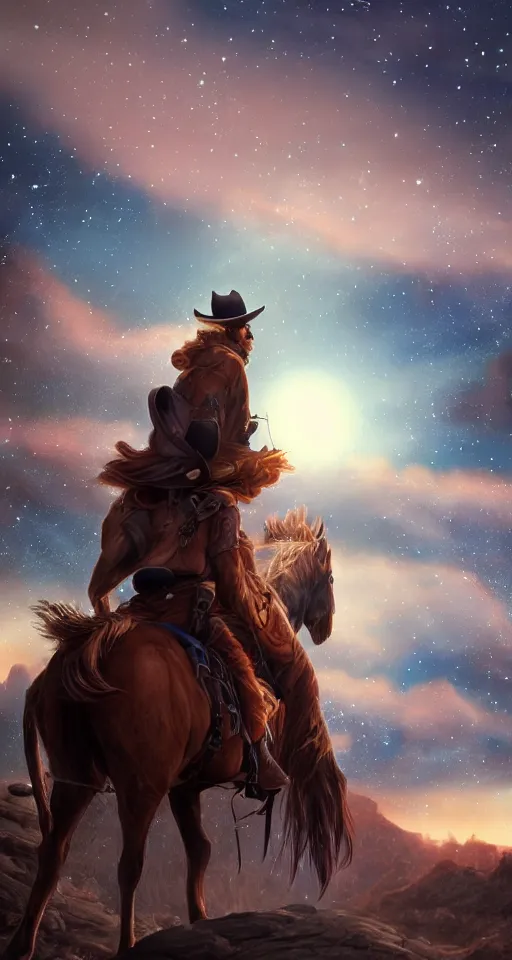 Prompt: a smoking cowboy riding his horse, overlooking a canyon, red hair and blue eyes, stars and galaxies visible in the nightsky, sad and introspective, highly detailed, artstation, stunning, 8 k