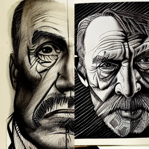 Image similar to portait of old man, studio light, realistic, ink, line drawing, sketch, fineart