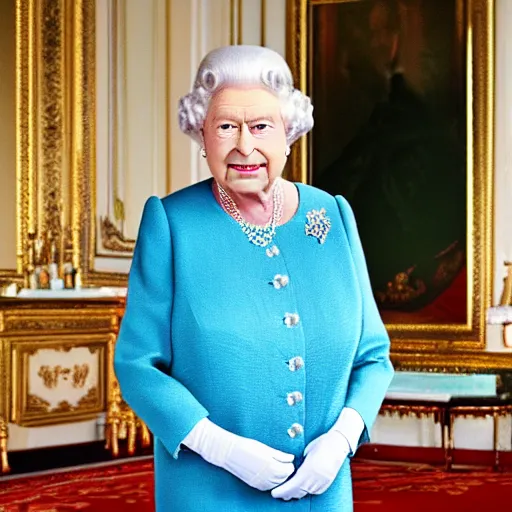 Prompt: professional photo of queen elizabeth with 🪠 in hand