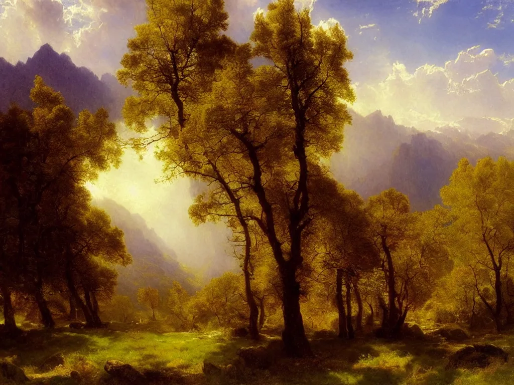 Image similar to A Beautiful View of a Springtime Meadow in the Sierra Nevada Mountains in the Morning, art by Albert Bierstadt and Thomas Moran