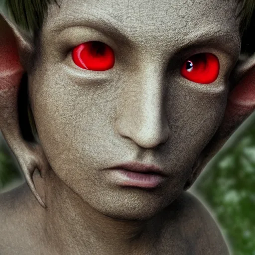 Prompt: An elf with an ashen complexion, large red eyes without irises. .