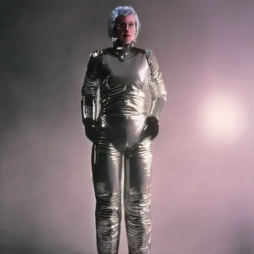 Image similar to 1 9 8 0 s sci - fi portrait photo, a woman wearing a dramatic silver foil and rubber hose spacesuit costume standing on a dark and mysterious alien planet, atmospheric fog, light beams, 4 k
