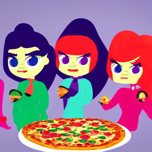 Image similar to powerpuff girls eating pizza, highly detailed, epic lighting, hyper photorealism, 8 k