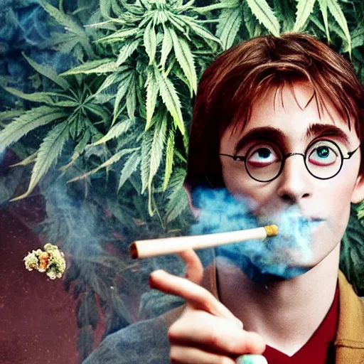 Image similar to harry potter smoking weed, surrounded by weed plants, joints faling from sky, smoke everywhere, fire smoke dense red eyes, eating weed leaf
