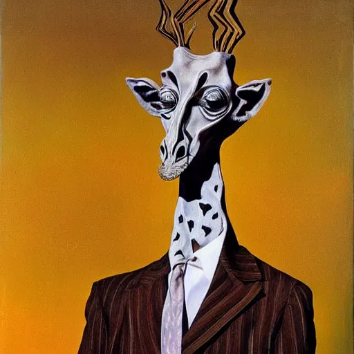 Image similar to A portrait of a humanoid giraffe wearing a suit, eerie, by Salvador Dali