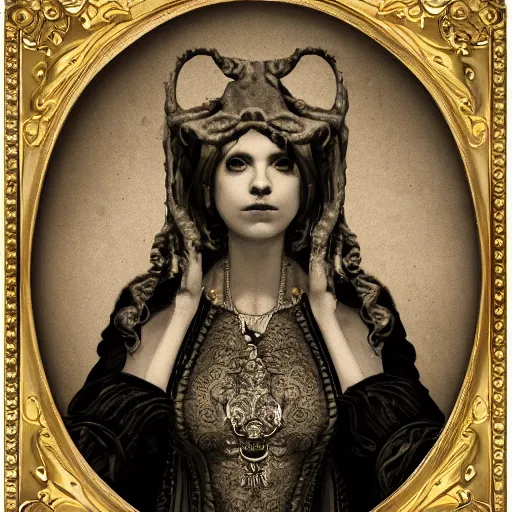 Prompt: ambrotype of a cthulhu high priestess in a baroque frame, trending on artstation, 4k