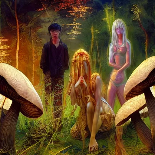 Image similar to mushroom goddess with group of elders, discussing the new season of friends, cynical realism, hiroya oku painterly, yoshitaka amano, chris cunningham, moebius, beautiful lighting, tendrils, in the style of, wlop, scientific diagram