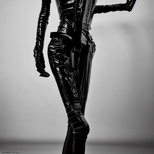 Prompt: fashion photography of an extraterrestrial deformed model, wearing demobaza fashion, inside berghain, berlin fashion, harness, futuristic fashion, dark minimal outfit, photo 3 5 mm leica, hyperdetail, berghain, 8 k, very detailed, photo by nick knight