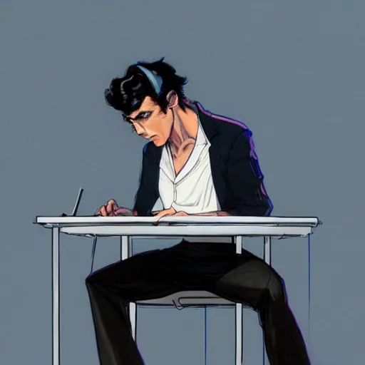 Prompt: a beautiful artwork of a young male scientist with black hair and white shirt sitting at a desk with a laptop by Jerome Opeña, featured on artstation