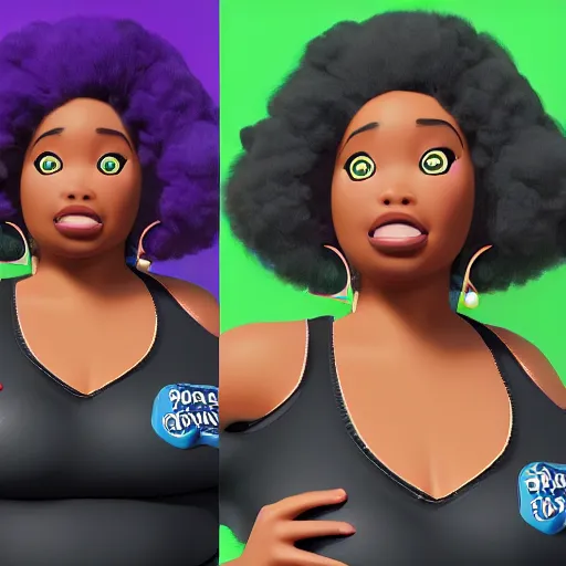 Image similar to high quality, highly detailed, still of black bbw woman in wal-mart follow shot, 3d, in the style of pixar, comic book style, 3d, highly detailed, 16k resolution, octane renderer, coherent